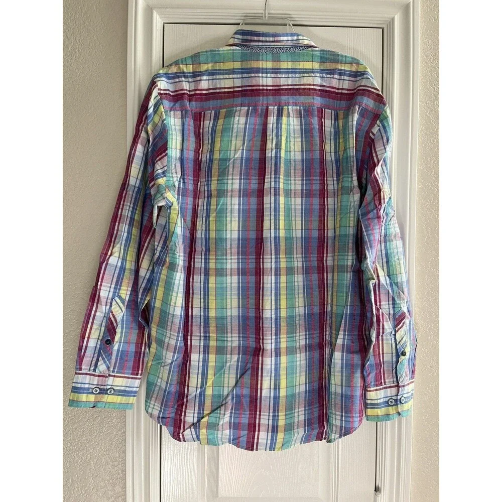 TOMMY BAHAMA Madras Plaid Multicolor Cotton Silk Shirt Pocket Men’s Size Large - Picture 2 of 11